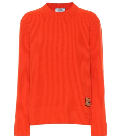 Prada Appliquéd Ribbed Wool And Cashmere-blend Sweater In Orange