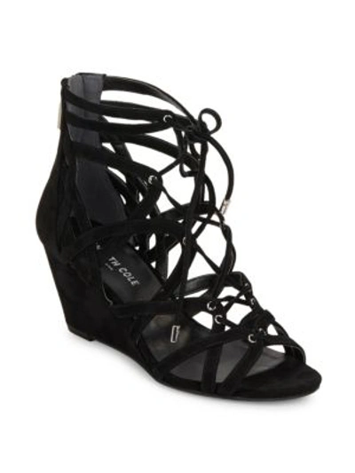 Kenneth Cole Dylan Suede Cage Wedge  Sandals In Black