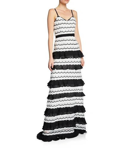 Aijek Hope Sweetheart Sleeveless Scallop Slip Tiered Maxi Dress W/ Ruffles In Black/white