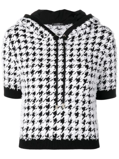 Balmain Short-sleeve Houndstooth-tweed Hoodie In Eab Noir/blanc