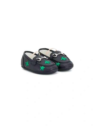 Gucci Jordan Bee & Star Embroidered Leather Loafers, Baby/toddler In Blu Brb