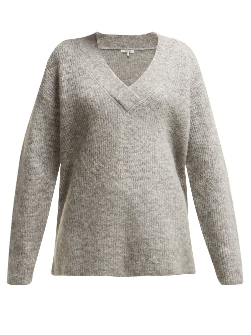 Ganni Callahan V-Neck Mohair-Blend Sweater In Light Grey | ModeSens