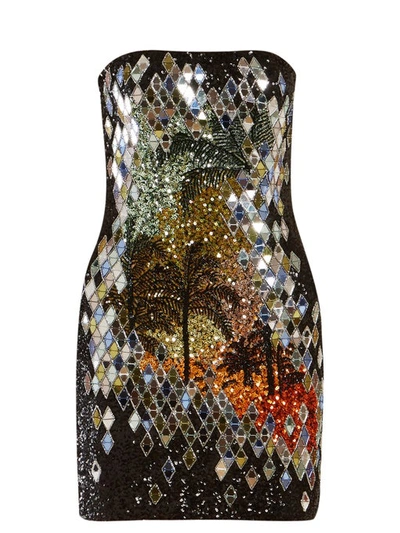 Balmain Strapless Mirror-sequined Palm-tree Mini Dress In Black