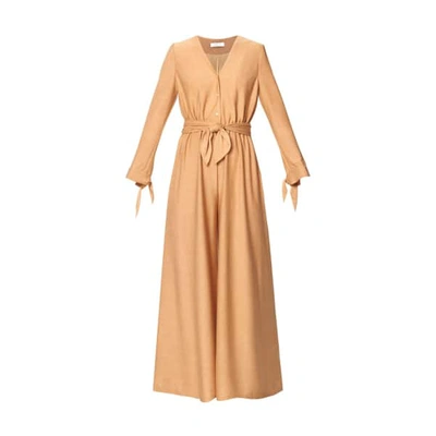 Paisie V Neck Jumpsuit With Button Front & Wrap Belt In Sand