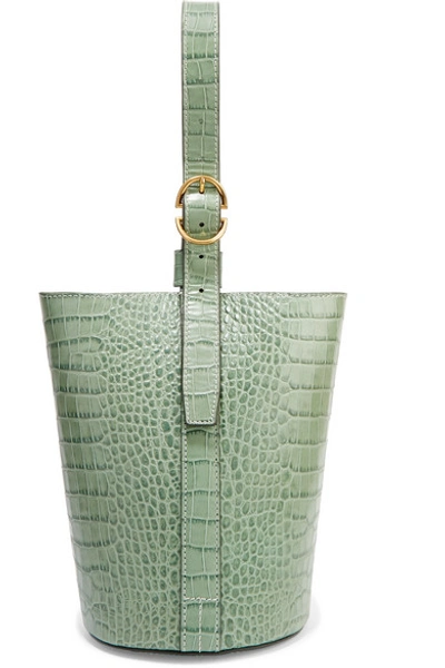 Trademark Small Croc-effect Leather Bucket Bag In Gray Green