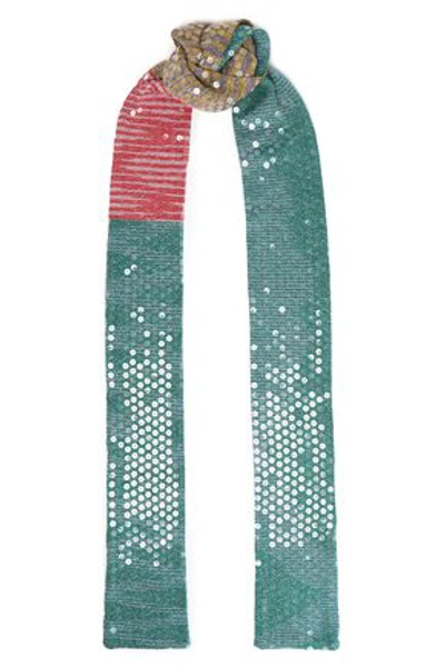 Missoni Embellished Striped Knitted Scarf In Green