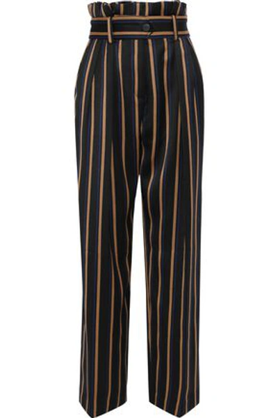 By Malene Birger Woman Wenyana Belted Striped Wool-blend Straight-leg Pants Black