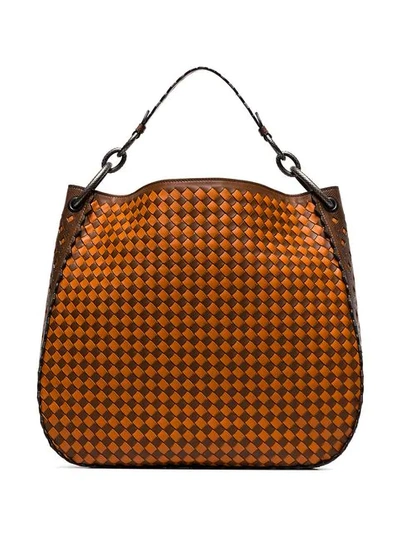 Bottega Veneta Orange And Brown Woven Leather Tote Bag