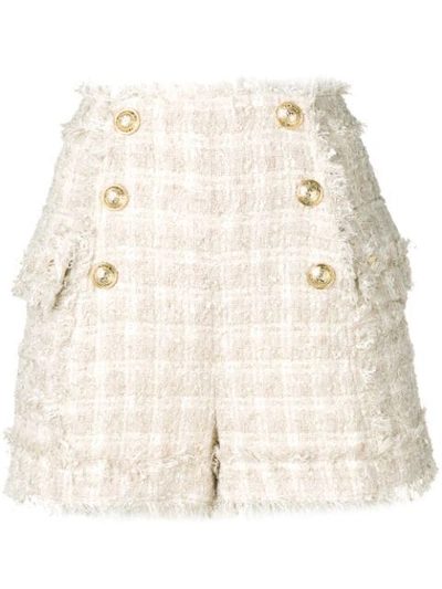 Balmain Button-embellished Tweed Shorts In Beige