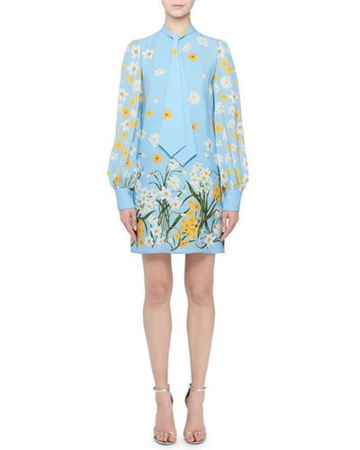Andrew Gn Floral-print Neck-tie Blouson Sleeve Shift Dress In Blue Pattern