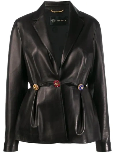 Versace Embellished Leather Blazer Jacket In Black