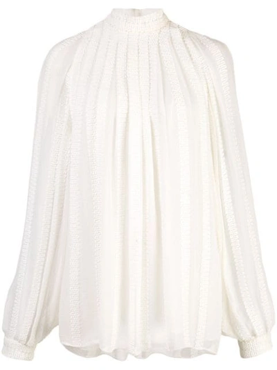 Derek Lam Long Sleeve Embroidered Cotton Trapeze Blouse In White