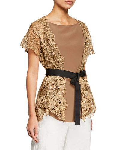 Brunello Cucinelli Two-piece Floral Embroidered Wrap Top With Silk Tank In Brown