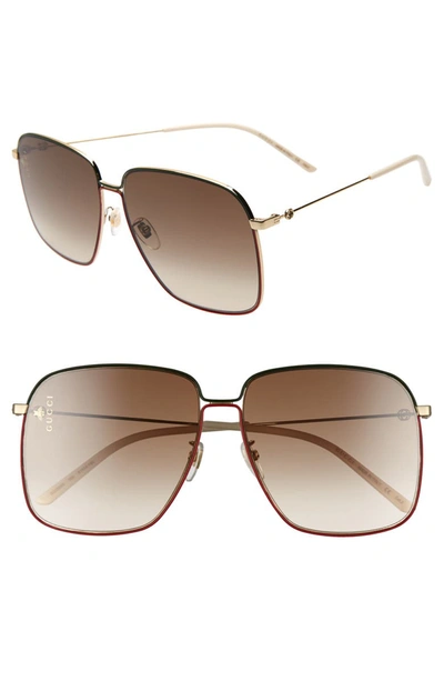 Gucci Designer Sunglasses Gg0394s Rectangular-frame Metal Sunglasses W/mini Interlocking G Logo In Rouge/ Marron Nuancé