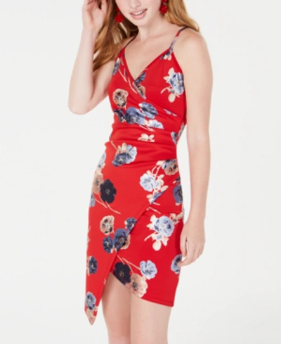 Almost Famous Juniors' Metallic-floral Wrap Dress In Red Combo