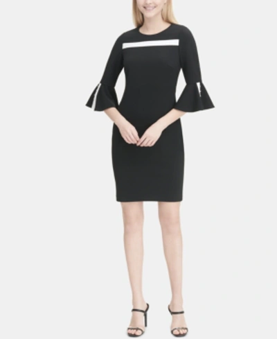 Calvin Klein Colorblocked Flare-sleeve Sheath Dress In Black