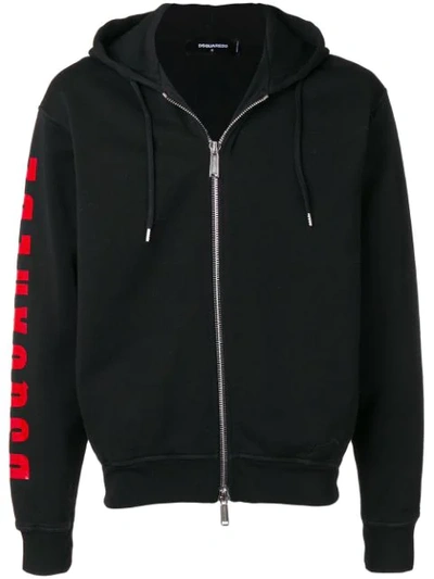 Dsquared2 Logo Print Zip-up Cotton Jersey Hoodie In Blue