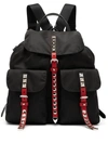 Prada Black Nylon Messenger Backpack With Studding In Nero/ Fuoco