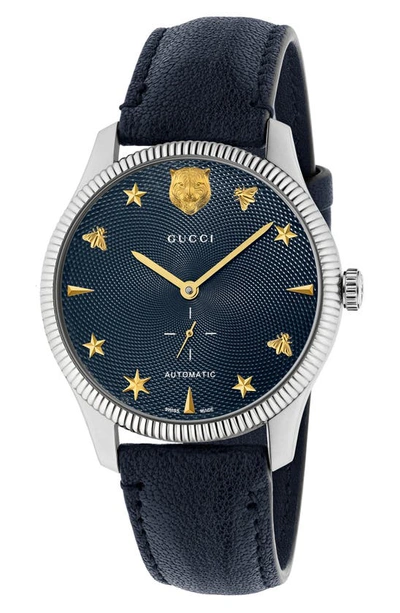 Gucci Women's G-timeless Stainless Steel Case 40mm Automatic Blue Guilloché Dial Blue Leather Watch In Dark Blue
