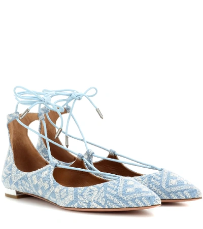 Aquazzura Christy Embroidered Denim Flat, Light Blue