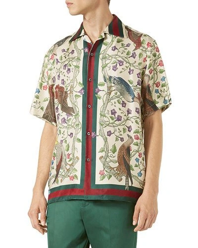 Gucci Men's Birds Of Prey Print Silk Bowling Shirt In Ivory | ModeSens