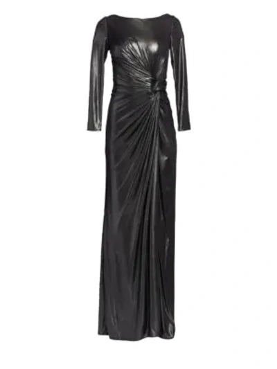 Rene Ruiz Ruched Side Slit Patent Glitter Long-sleeve Gown In Pewter