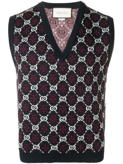 Gucci Slim-fit Logo-jacquard Wool Sweater Vest In 4548 Ink/multicolor