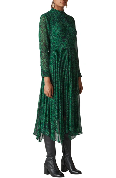 Whistles Jungle Cat Pleated Dress In Green/ Multi