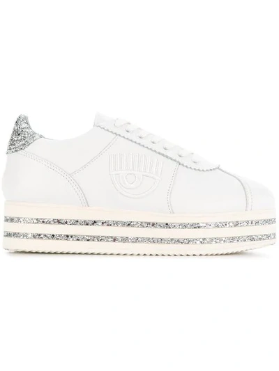 Chiara Ferragni 50mm Leather & Glitter Platform Sneakers In White