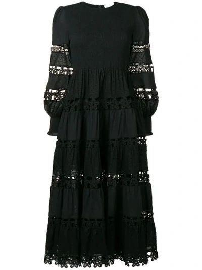 Zimmermann Primrose Daisy Smocked Crochet-trimmed Fil Coupé Cotton-voile Midi Dress In Noir