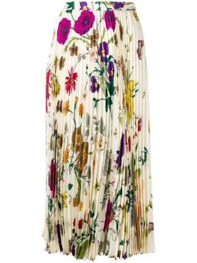 Gucci Gothic Floral Print Pleated Silk Twill Midi Skirt In Ivory