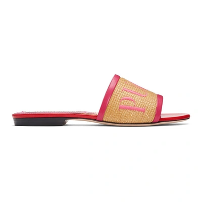 Emilio Pucci Leather-trimmed Embroidered Straw Slides In Pink