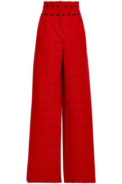 Amanda Wakeley Woman Leather-trimmed Perforated Wool-blend Wide-leg Pants Red
