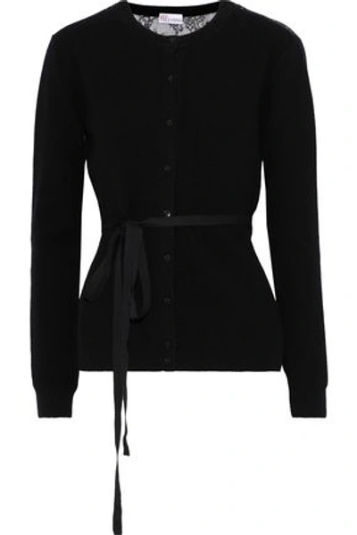 Red Valentino Chantilly Lace-paneled Ribbed Wool Cardigan In Black