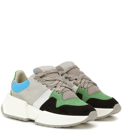 Mm6 Maison Margiela Mm6 Maison Martin Margiela Green/gray Color Block Suede And Mesh Platform Sneakers