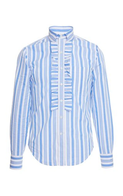 Prada Righe Baiadera Ruffle Cotton-poplin Dress Shirt In Stripe