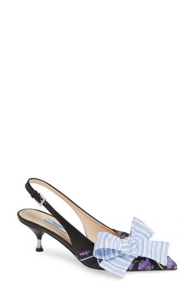 Prada Fabric & Leather Kitten-heel Slingback Pumps With Bow In Lilla Print