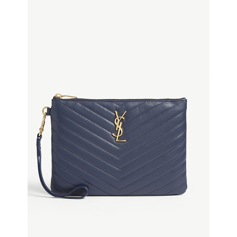 Saint Laurent Monogram Ysl Quilted Wristlet Pouch Bag, Medium Blue In Denim Brut | ModeSens