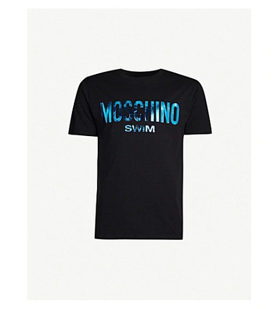 Moschino Metallic Logo-print Cotton-jersey T-shirt In Blue