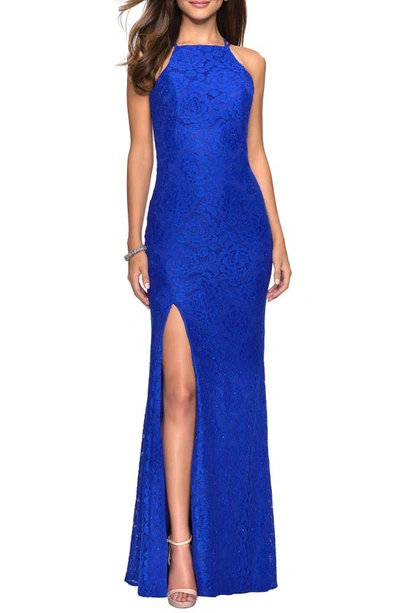 La Femme Halter-neck Strappy-back Stretch Lace Gown With Sequins In Electric Blue