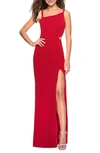 La Femme Asymmetric-neck Sleeveless Jersey Dress With Strappy-back & Thigh-slit In Red