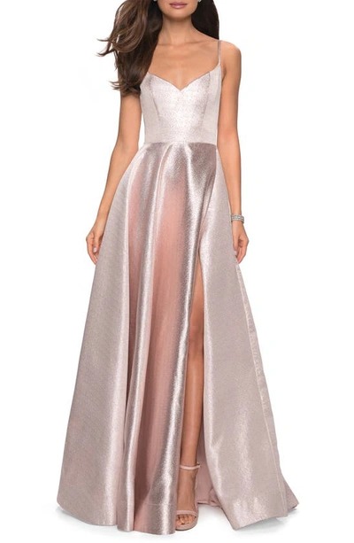 La Femme Metallic Sweetheart Sleeveless Ball Gown With High Slit In Champagne