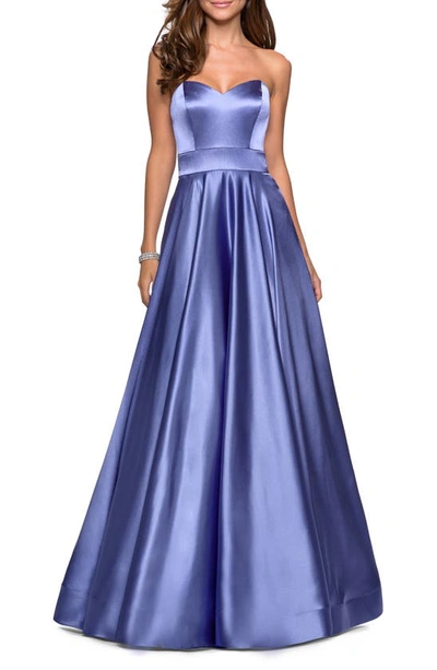 La Femme Strapless Sweetheart Satin Ball Gown With Banded Waist In Dark Periwinkle