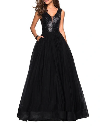 La Femme Sequin-bodice V-neck Sleeveless Tulle Ball Gown With Pockets In Black