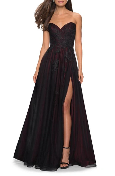 La Femme Sweetheart Strapless Tulle Gown With Floral Applique & Thigh-slit In Black/ Burgundy