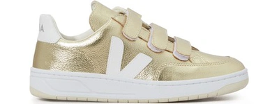 Veja V-12 Metallic Velcro Sneakers In Gold White