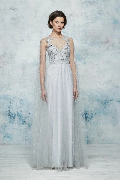 Marchesa Notte Glitter Tulle Cape Gown In Silver