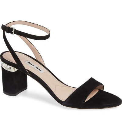 Miu Miu Suede Ankle-strap Jewel-heel Sandals In Black