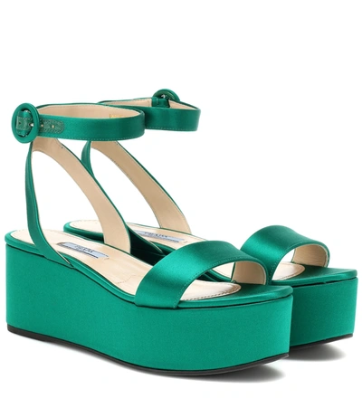 Prada Satin Platform Sandals In Green