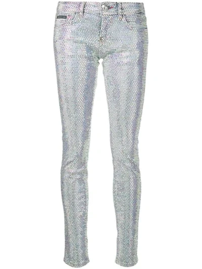 Philipp Plein Embellished Cotton Blend Denim Jeans In Blue